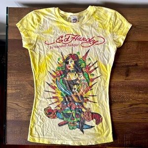 mega rare bedazzled 90s Y2K inspired Ed Hardy soft pastel yellow tie dye shirt